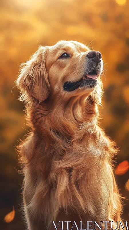 Golden retriever sits in profile against blurred autumn background