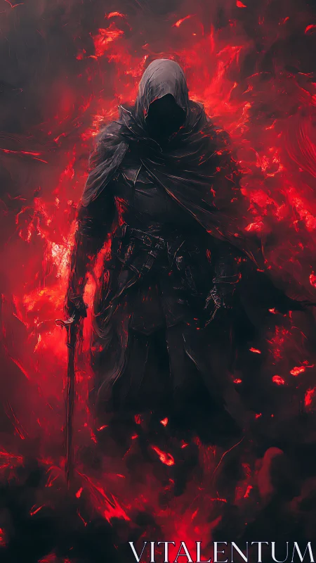 Hooded void knight emerging from volumetric crimson combustion.