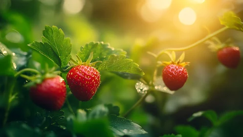 Ripe garden strawberries glow under warm morning sunlight