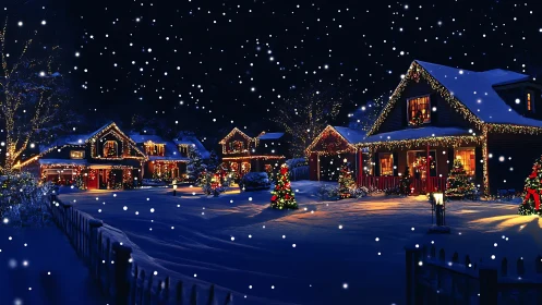 Snowlit suburb hums softly beneath twinkling holiday lights