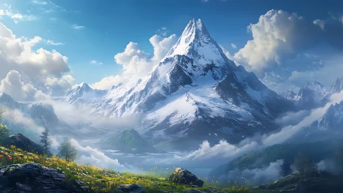 Sunlit alpine peak above wildflower valley and drifting mist.