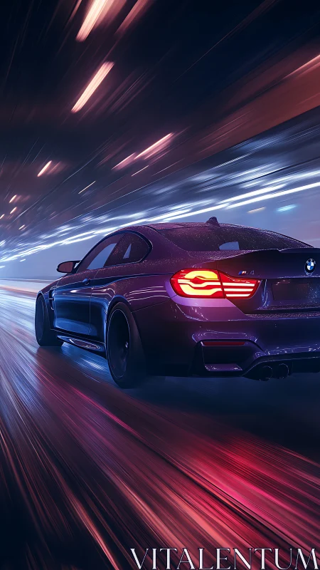 High-performance coupe accelerates through neon-lit tunnel