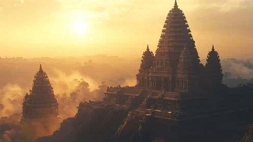Sunrise crowns mist-veiled temple spires in gilded silence.