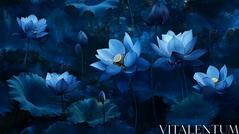 Blue lotus flowers illuminated in deep indigo pond water.