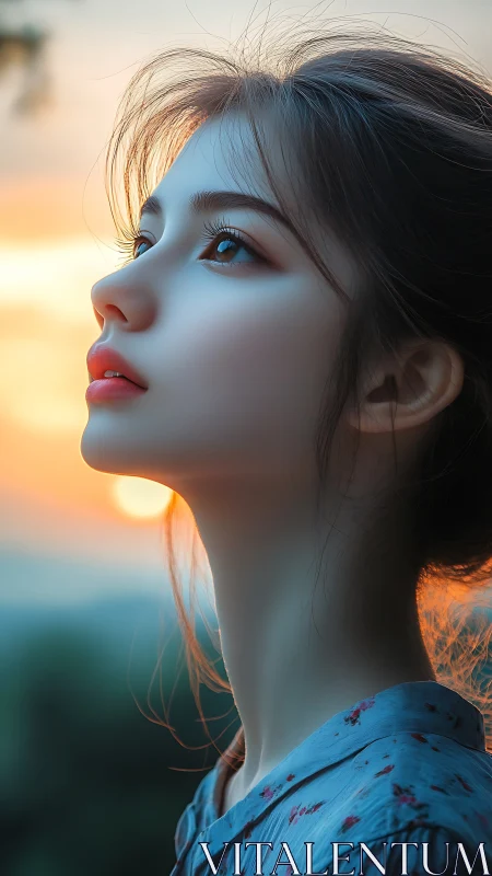 Sunset-lit profile portrait with hyperreal digital rendering.
