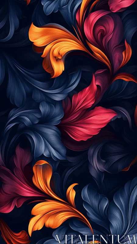 Flowing floral swirls in rich orange, red, and blue hues.