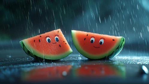 Watermelon slices with cartoon faces sit on wet street