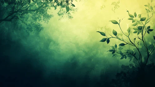 Backlit forest foliage emerges through atmospheric green haze