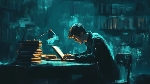 Moody digital study scene isolates lone reader under teal light