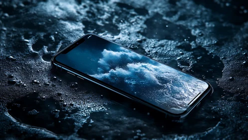 Smartphone with ocean display rests in shimmering water pool.
