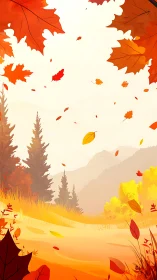 Illustrated hillside landscape shows falling autumn leaves