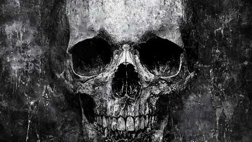 Weathered human skull emerges from grunge shadowed void