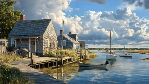 Harbor shingle cottages bask in golden seaside hush and sails.