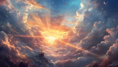 Radiant sunset tears open storm clouds above distant cross