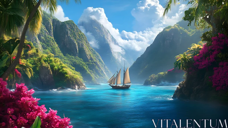 Sailboat in narrow tropical bay between steep green cliffs.