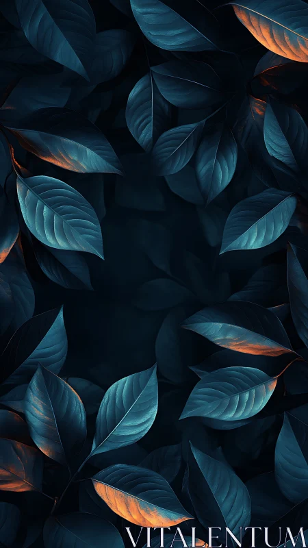 Structured foliage pattern with teal and orange lighting.