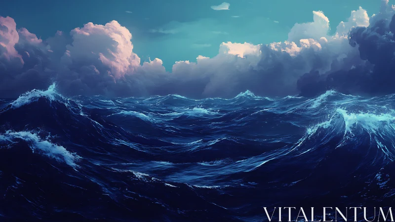 Storm-lit ocean waves rise beneath glowing dusk clouds