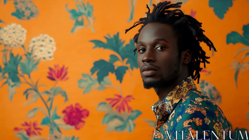 Man in patterned shirt against orange floral backdrop.