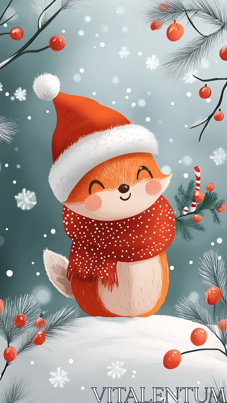 Cozy little fox sharing winter cheer in a snowy forest.