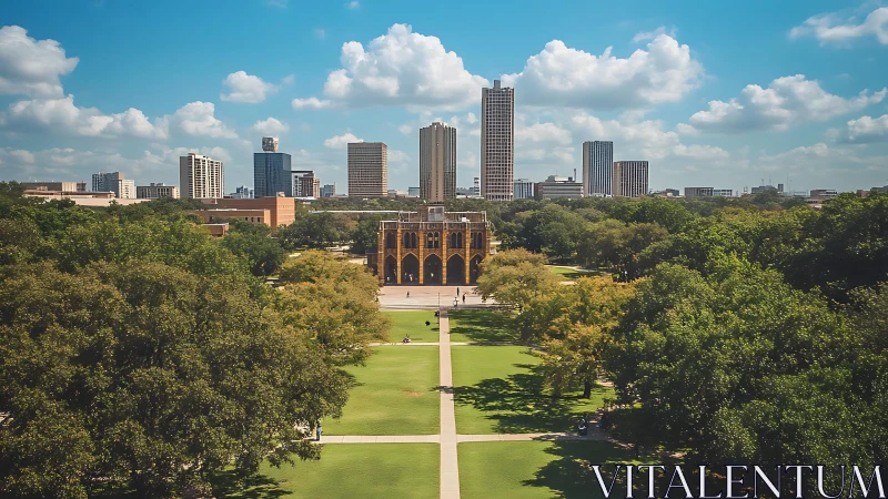 Sunlit campus lawn opening toward a relaxed city skyline.