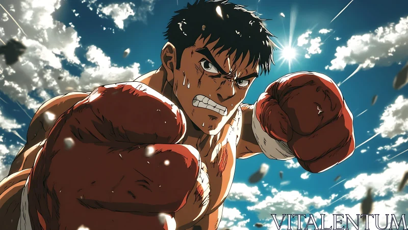 Determined anime boxer swings forward with fierce resolve.
