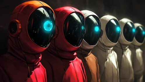 Row of humanoid robots in colored futuristic suits.