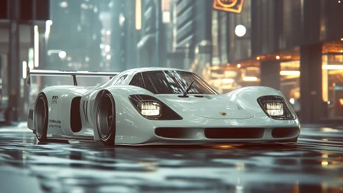 White race car sits on wet city street under night lights