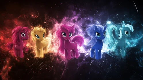 Colorful cartoon ponies with glowing elemental auras.
