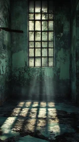 Sunlight passes through tall grimy window into decayed room