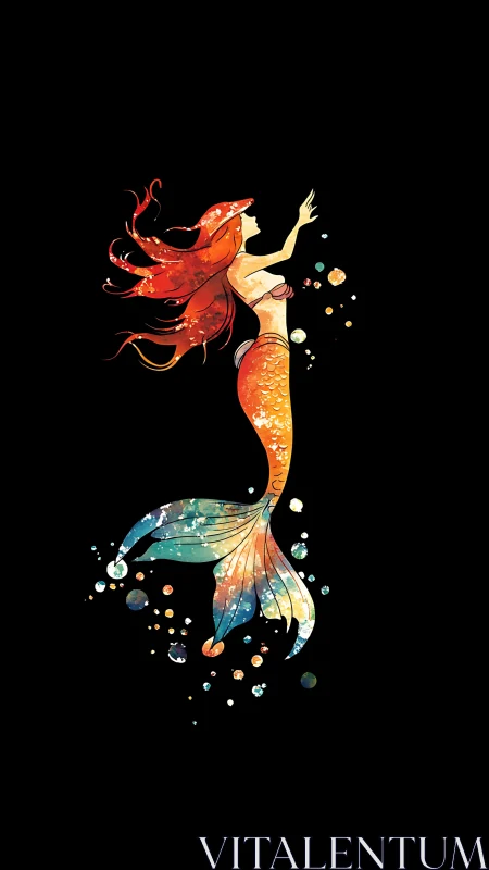 Nebula-tailed mermaid reaching through midnight waters.