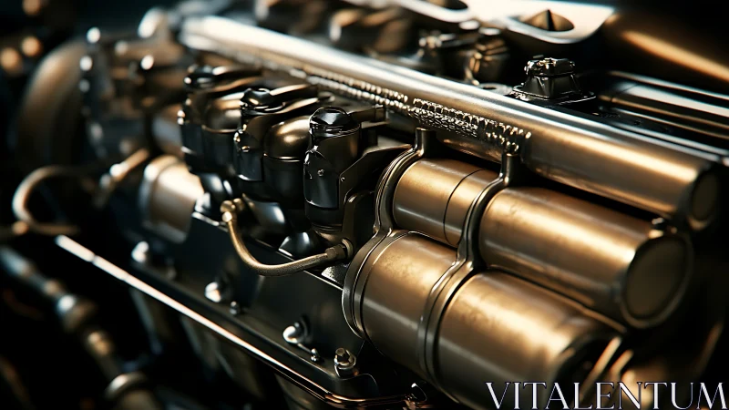 Photorealistic closeup of metallic automotive engine system.