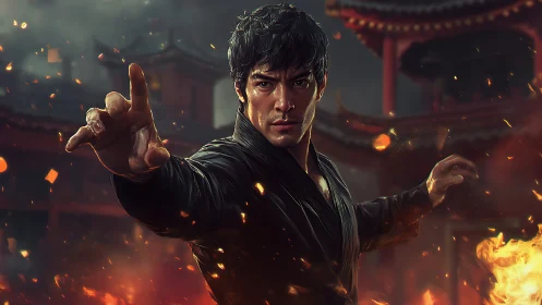 Martial artist strikes amid fiery temple chaos at dusk.