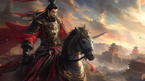 Armored warlord on horse overlooking ancient fortress city