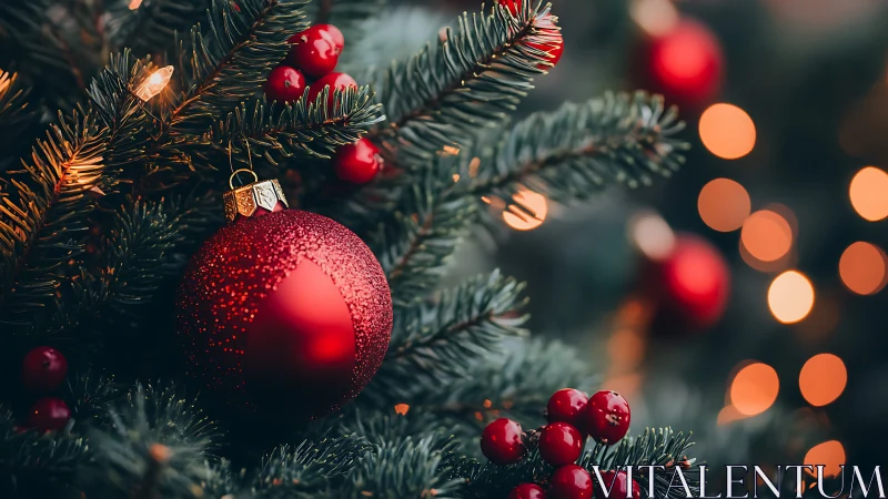 Red ornament hangs on evergreen branch with out-of-focus lights