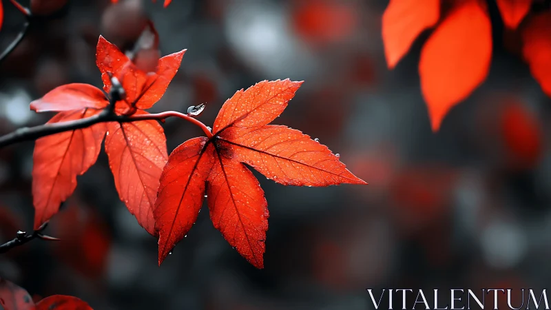 Red maple leaves are photographed against a muted background