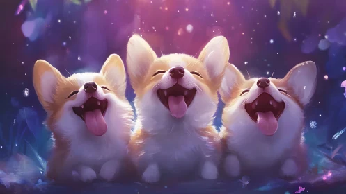 Digital rendering shows three corgi puppies with open mouths