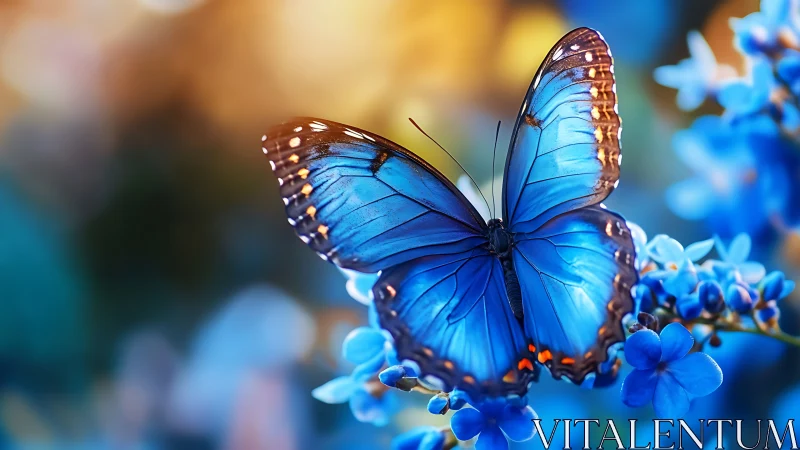 Azure daydream butterfly resting in glowing floral dusk.