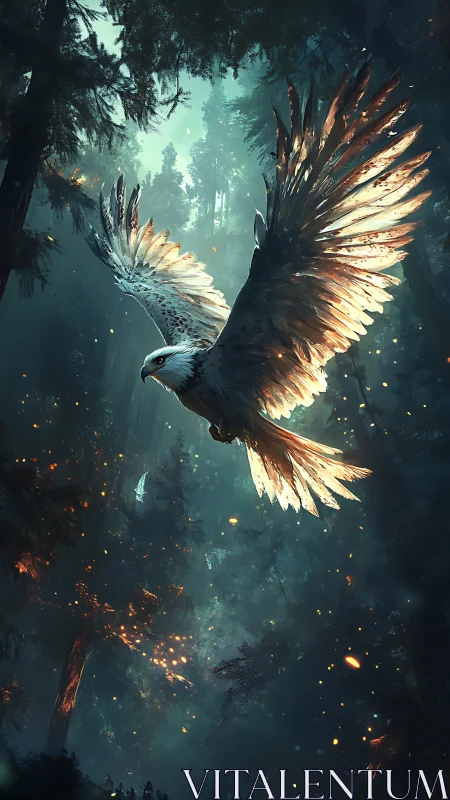 Radiant eagle ascends through ember-lit, misted forest air