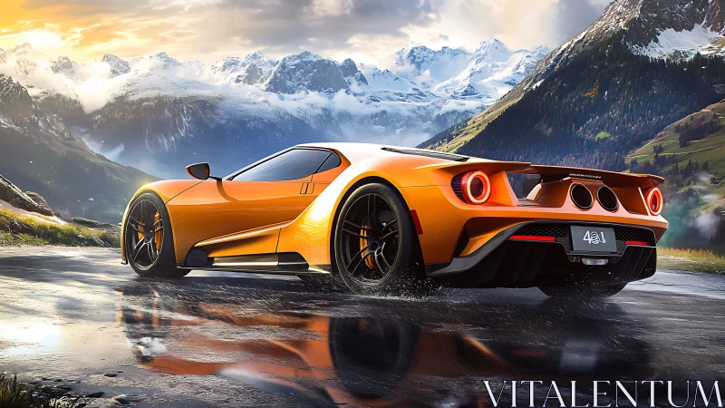 Orange supercar on wet mountain road under snowy peaks.