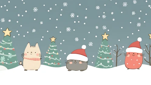Cartoon winter scene with stylized animals and trees.