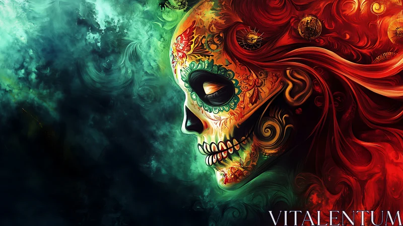 Profile view of ornate skull figure in swirling colors.