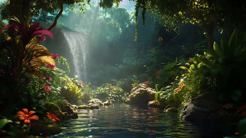Sunlit jungle waterfall invites you into a peaceful hideaway