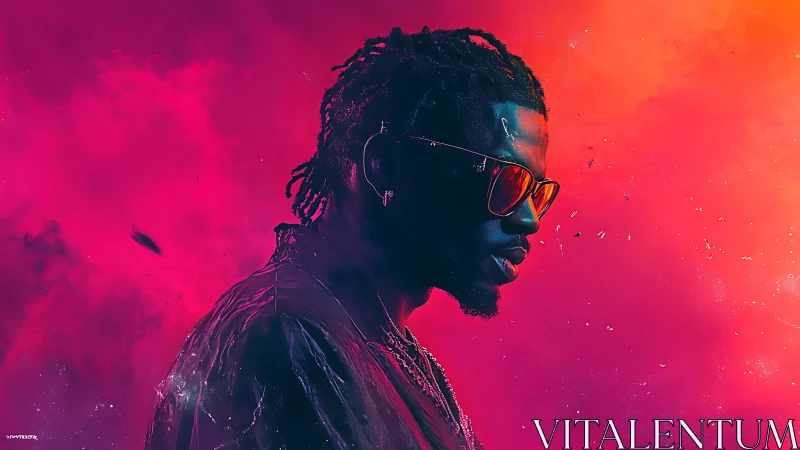 Side-profile portrait in vivid pink and orange haze background.