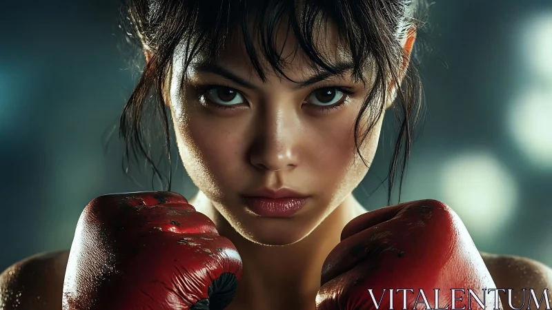Determined Fighter in Red Boxing Gloves.