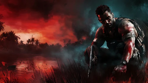 Battle-hardened soldier crouches by blood-red jungle river.