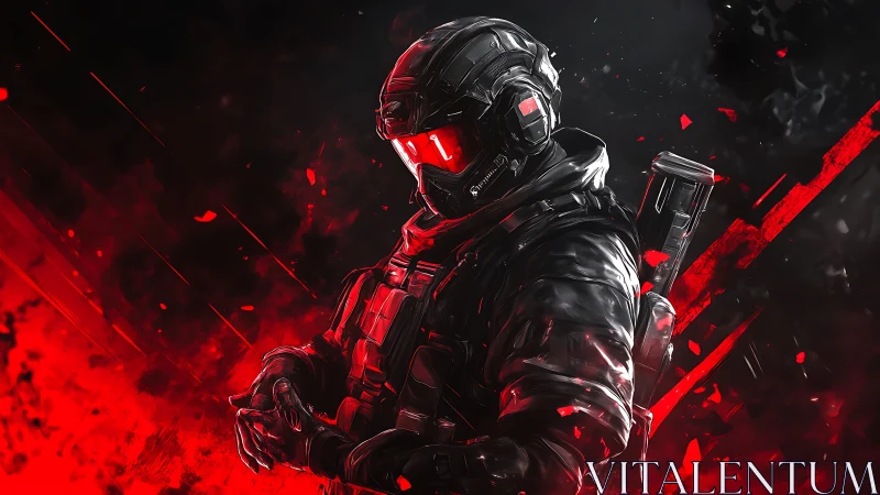 Armored futuristic soldier with red visor in motion blur.