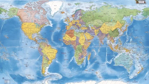 Political world map highlights countries and oceans clearly.