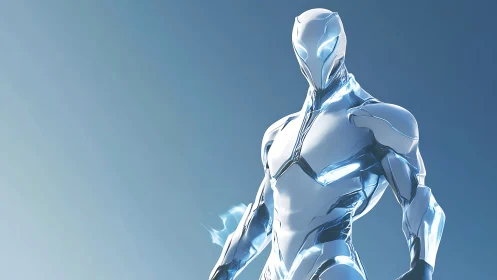Futuristic chrome humanoid robot stands against blue gradient sky