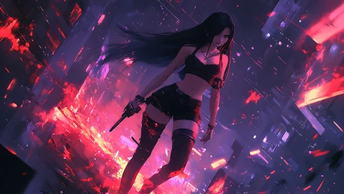 Armed cyberpunk heroine strides through burning neon street