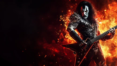 Fire-lit metal guitarist with spiked armor and war paint.